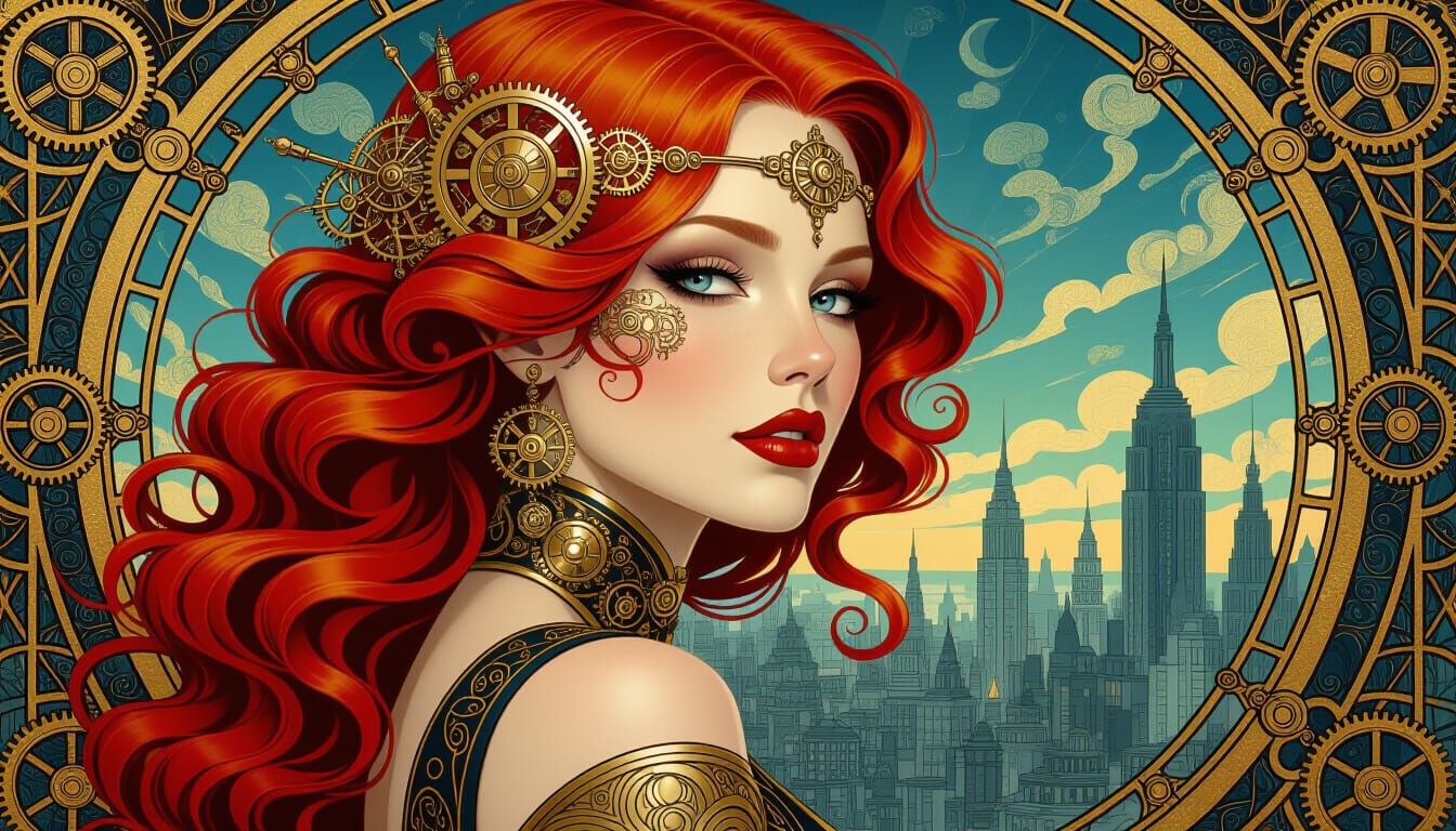 Steampunk Woman Portrait with Clockwork Hair