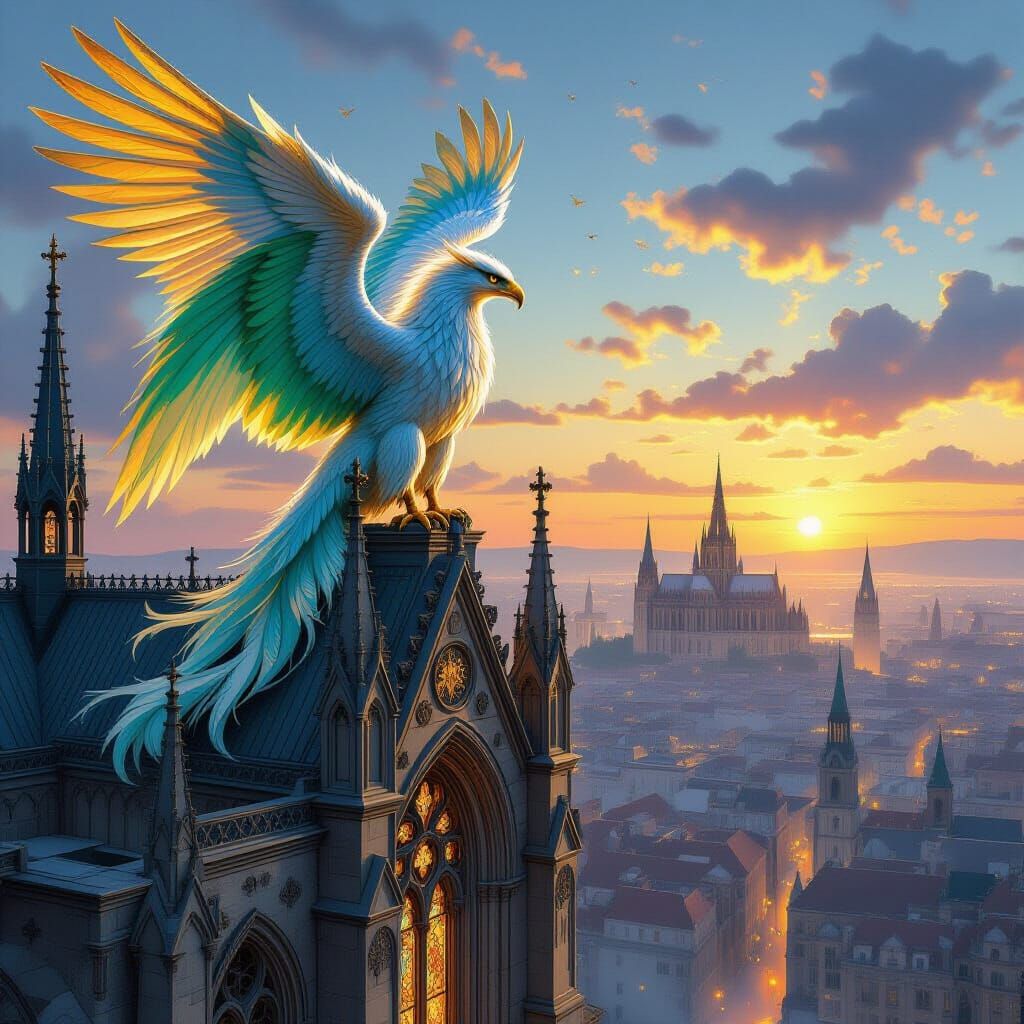 Griffin Perched Atop Gothic Cathedral, Digital Matte Paintin...
