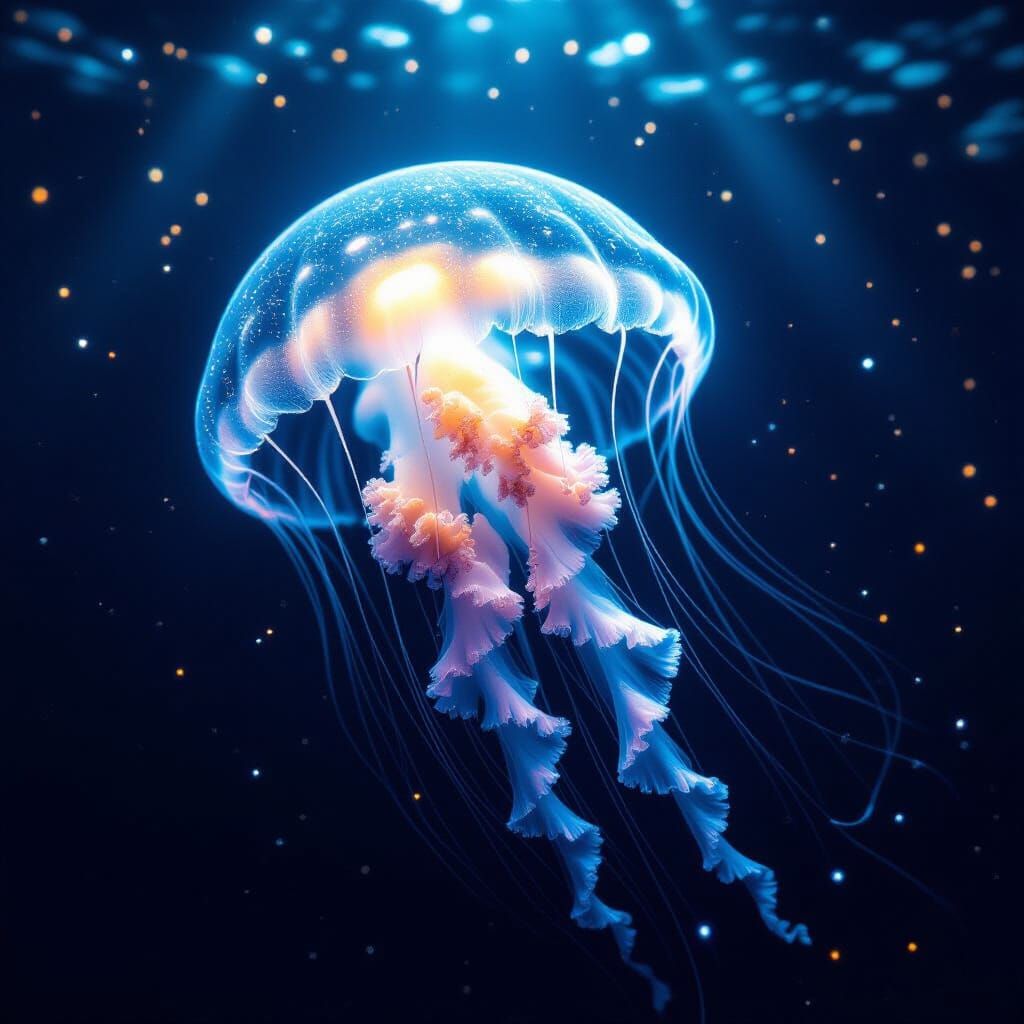 Bioluminescent Jellyfish in Dark Abyss with Glowing Plankton