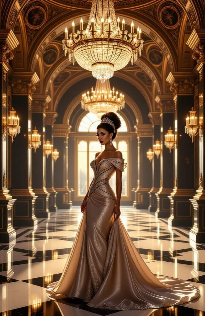 Elegant Lady in Opulent Ballroom Digital Matte Painting