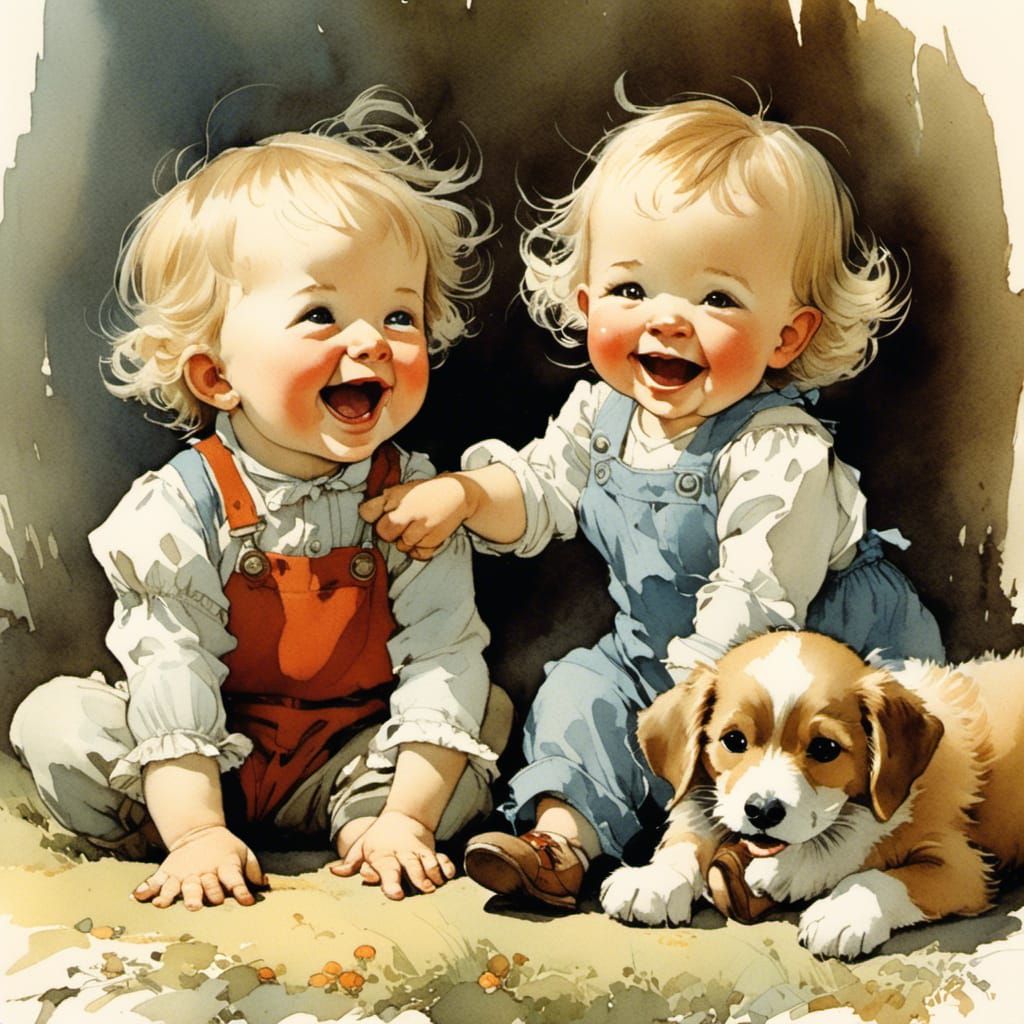 Laughing Toddlers and Dog in Comic Art Style