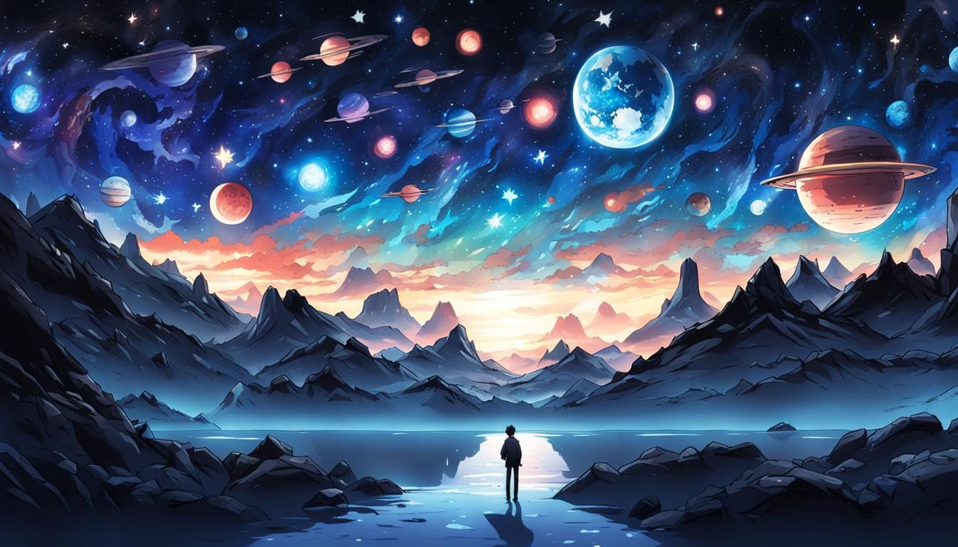 Blue and Black Starry Universe in Anime Style