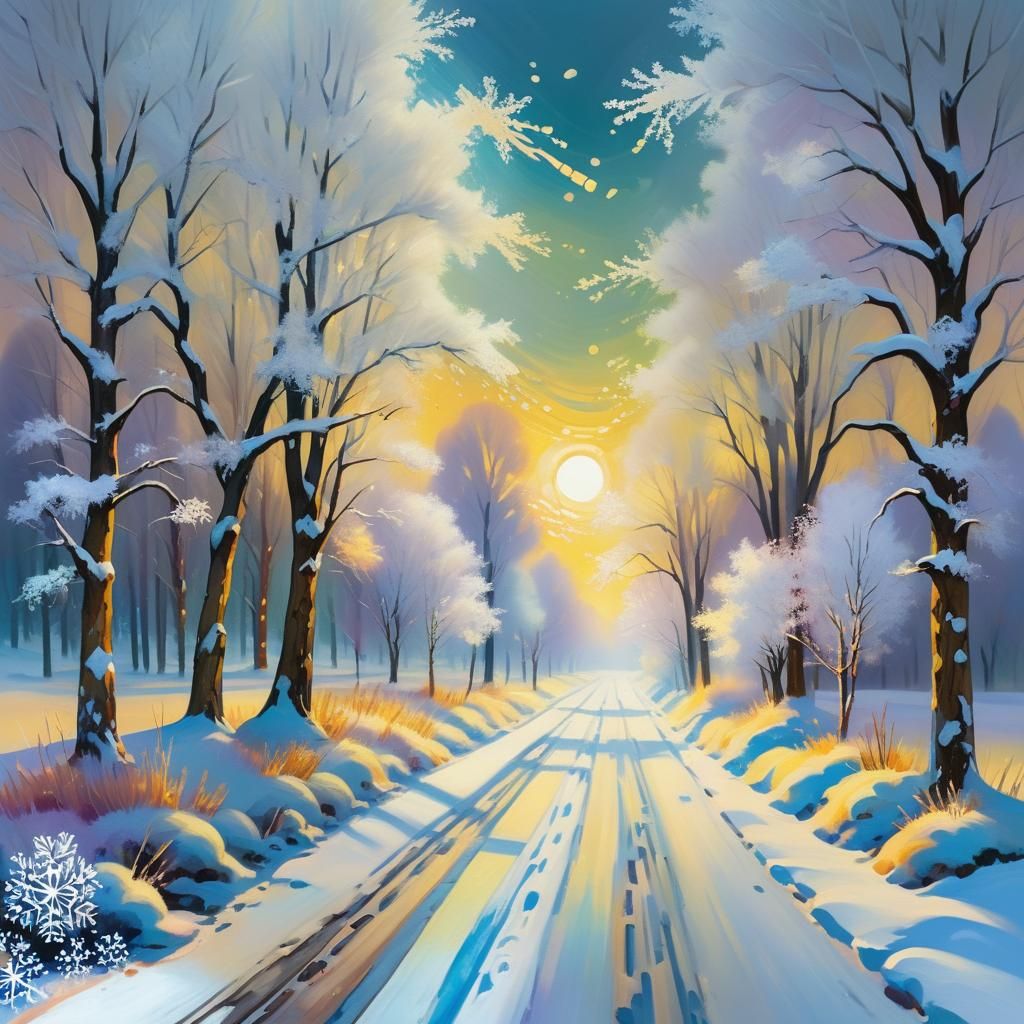 Enchanted Winter Road in Magical Realism Style