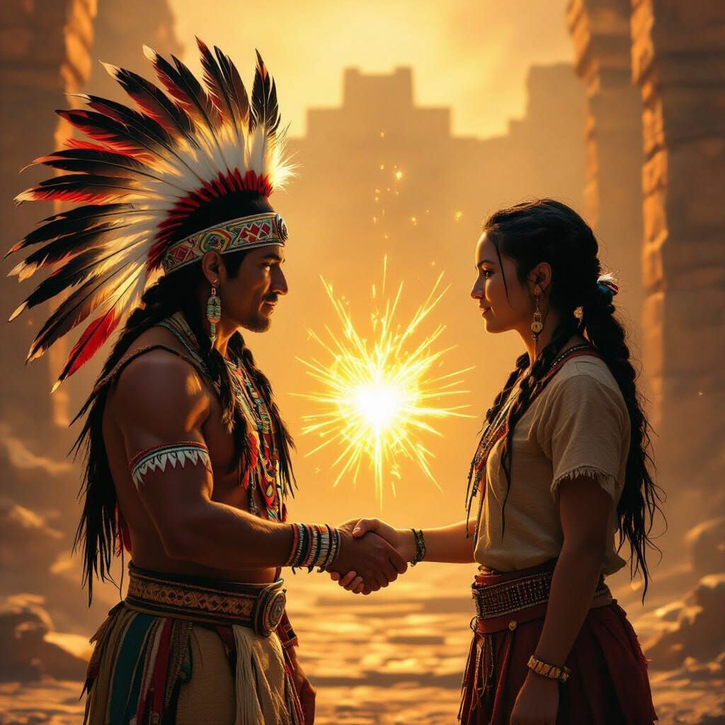 Ethereal Handshake: Indigenous Man Meets Modern Person
