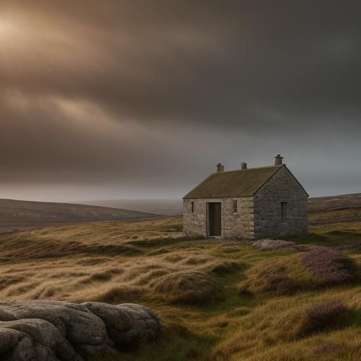 Remote Scottish Bothy in Heather Landscape