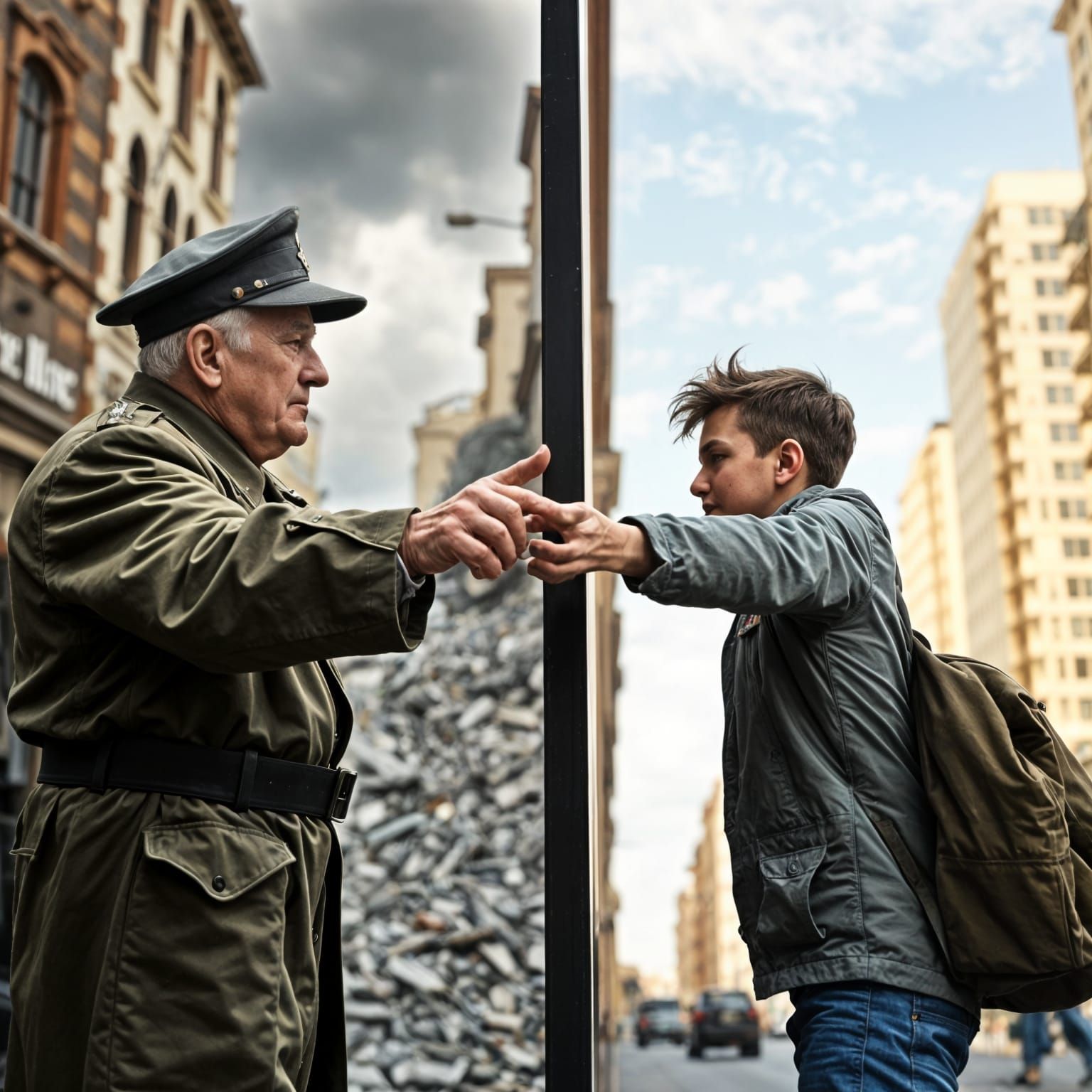 Grandfather and Grandson Reaching Across Time