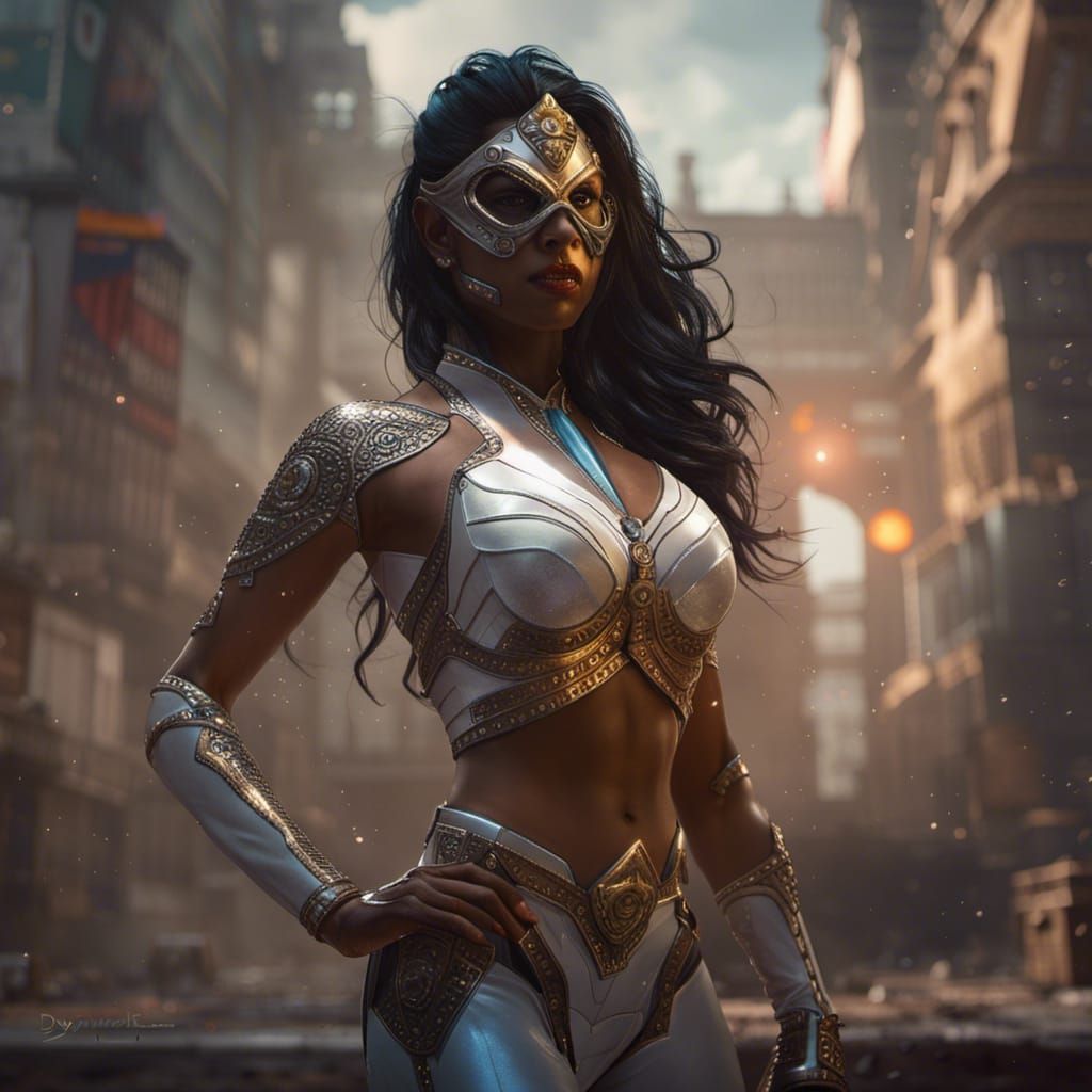 Indian Superheroine in White Latex Suit, Dark Fantasy Art