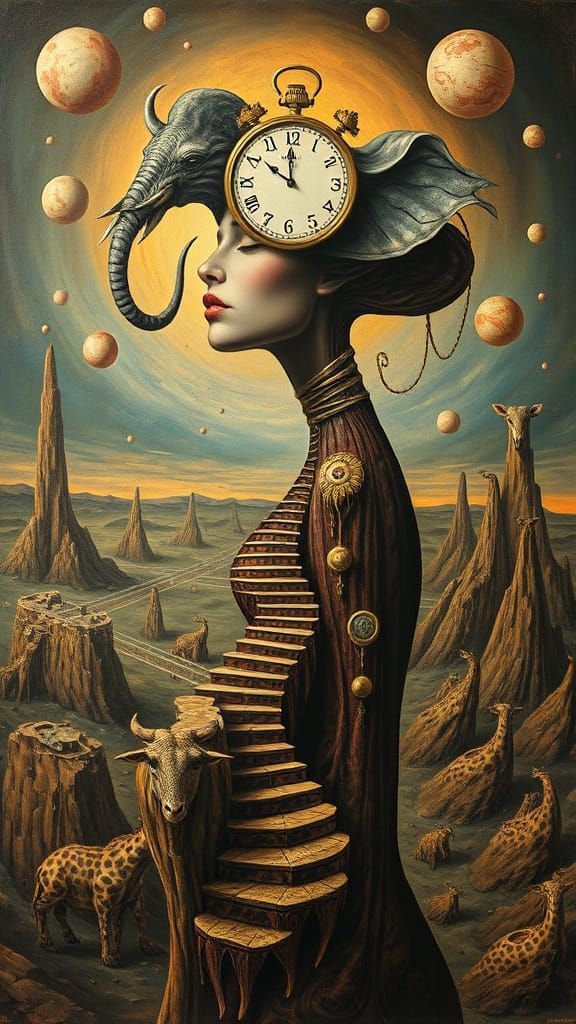 Surreal Woman with Melting Clocks, Impossible Geometries