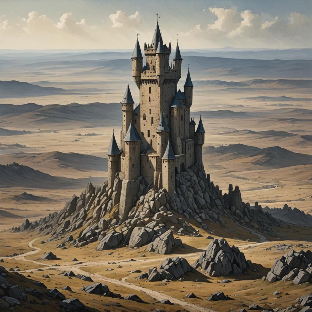 Mysterious Stone Castle Tower in Barren Landscape