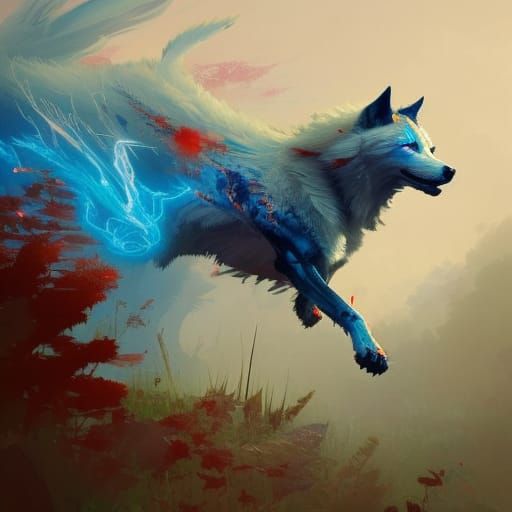 Albino Wolf with Magical Flames in Highlands