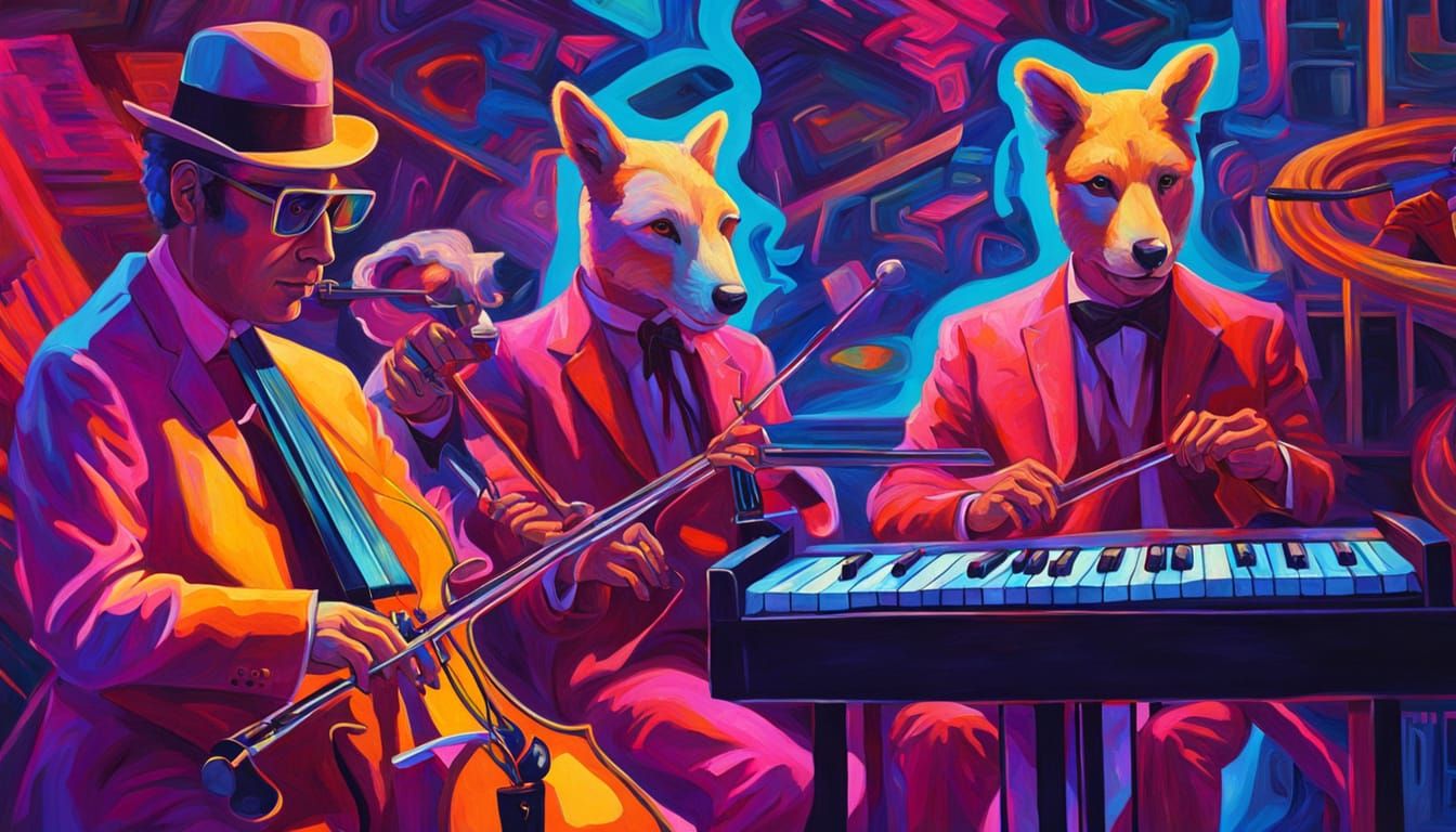 Neon Synthwave Fursuit Orchestra in Surreal Art Deco Style