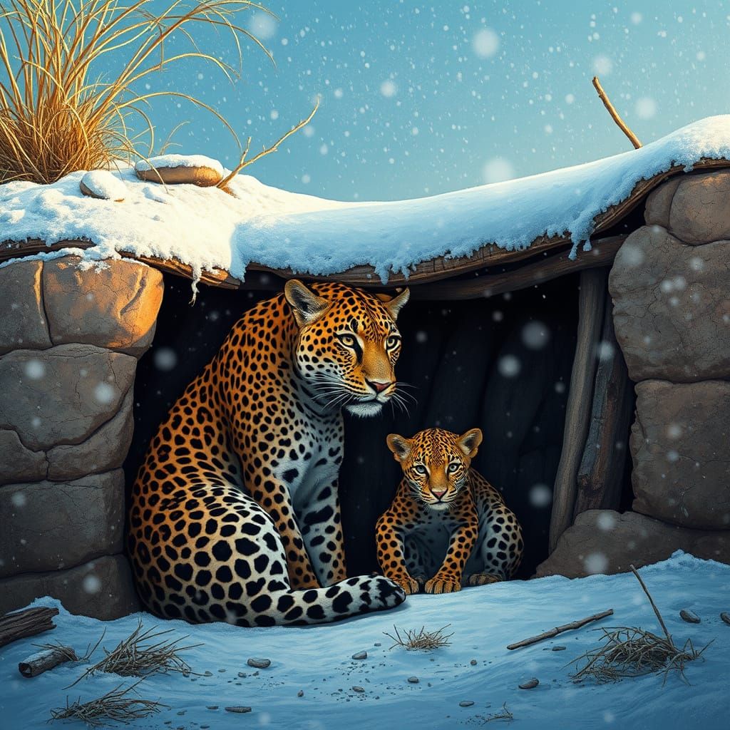 Leopard Family Shelters from Snow in South Africa