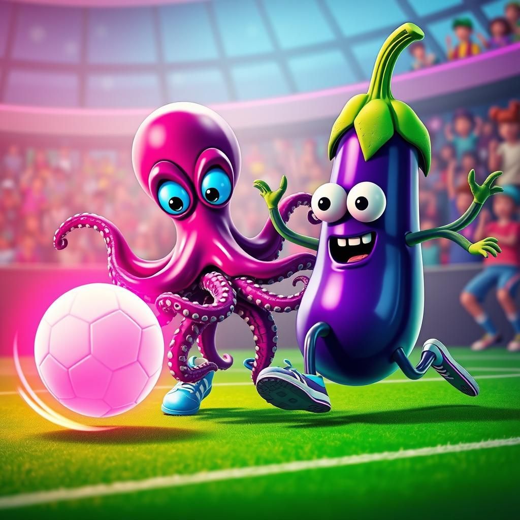 Eggplant and a Octopus playing soccer/football!!