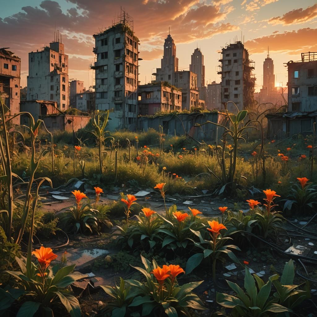 Overgrown City Sunset in Surrealist Style
