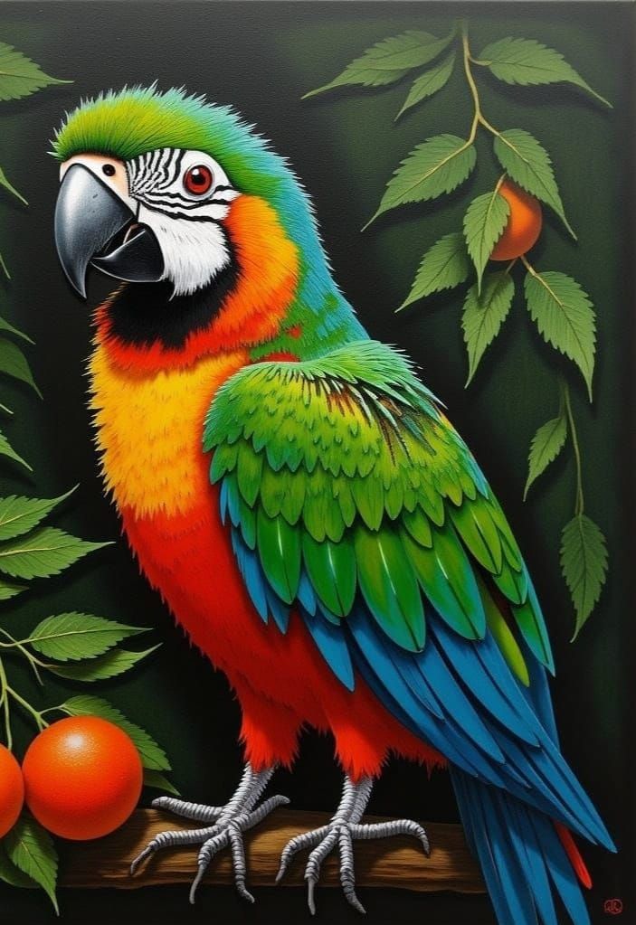 Parrot Portrait in Jungle, Oil Painting Style