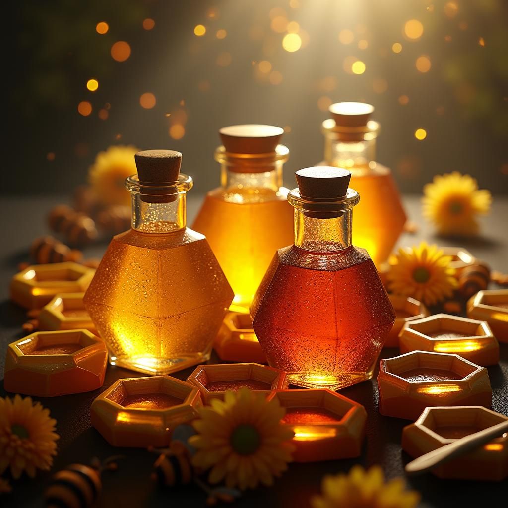 Honeycomb Display of Honey Bottles in 3D Digital Art