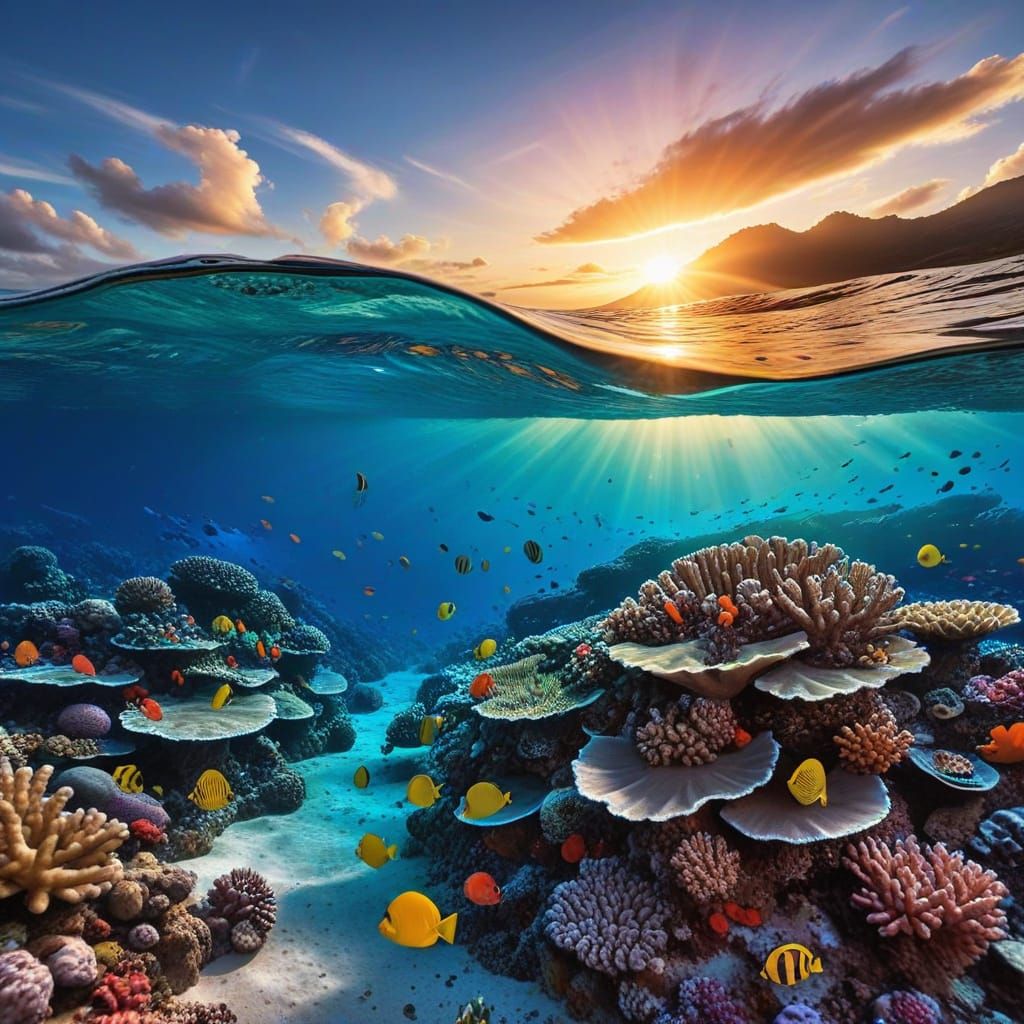 Underwater Coral Reef at Ocean Sunset