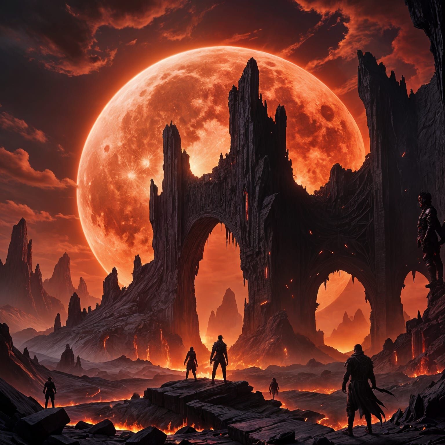 Crimson Bloodmoon Wasteland Portal with Advancing Figures