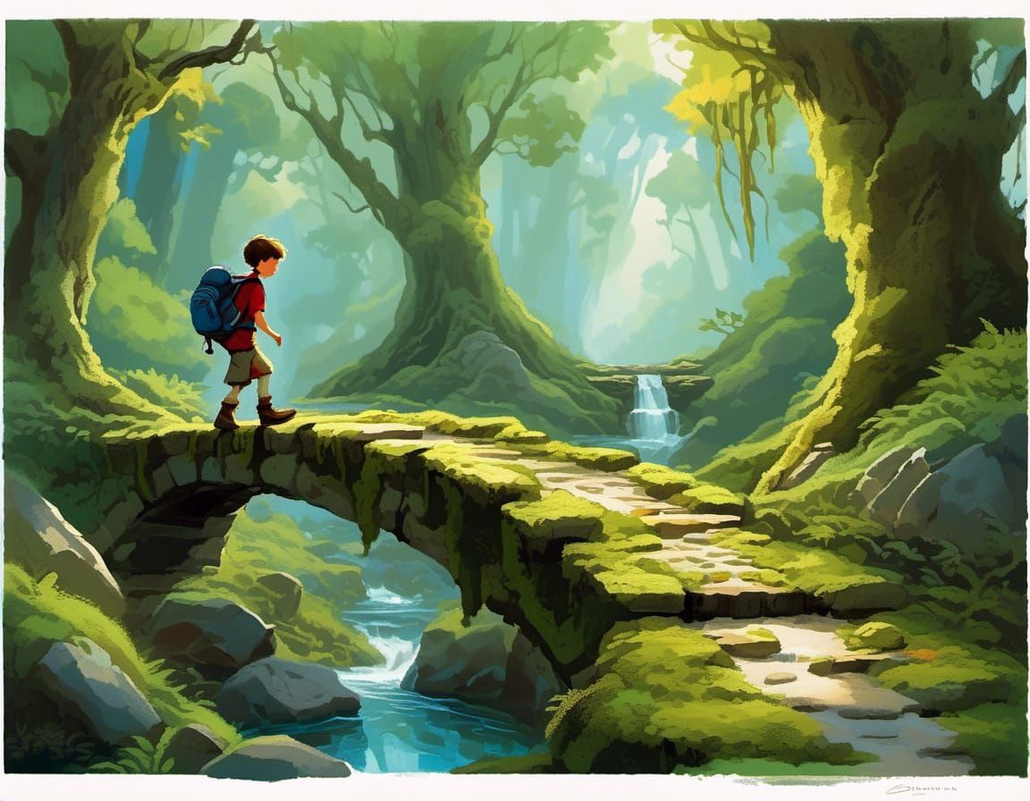 Boy Hiking Through Ancient Forest