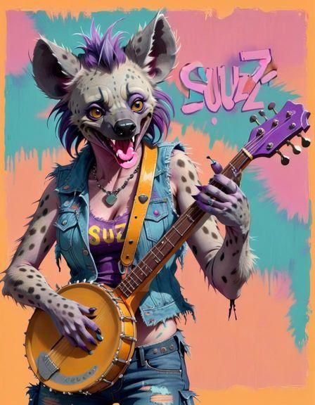 Grunge Band Poster Featuring Furry Hyena with Banjo
