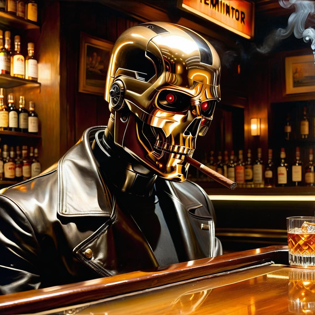 Terminator Hustling Pool: Oil Painting in Mannerist Style