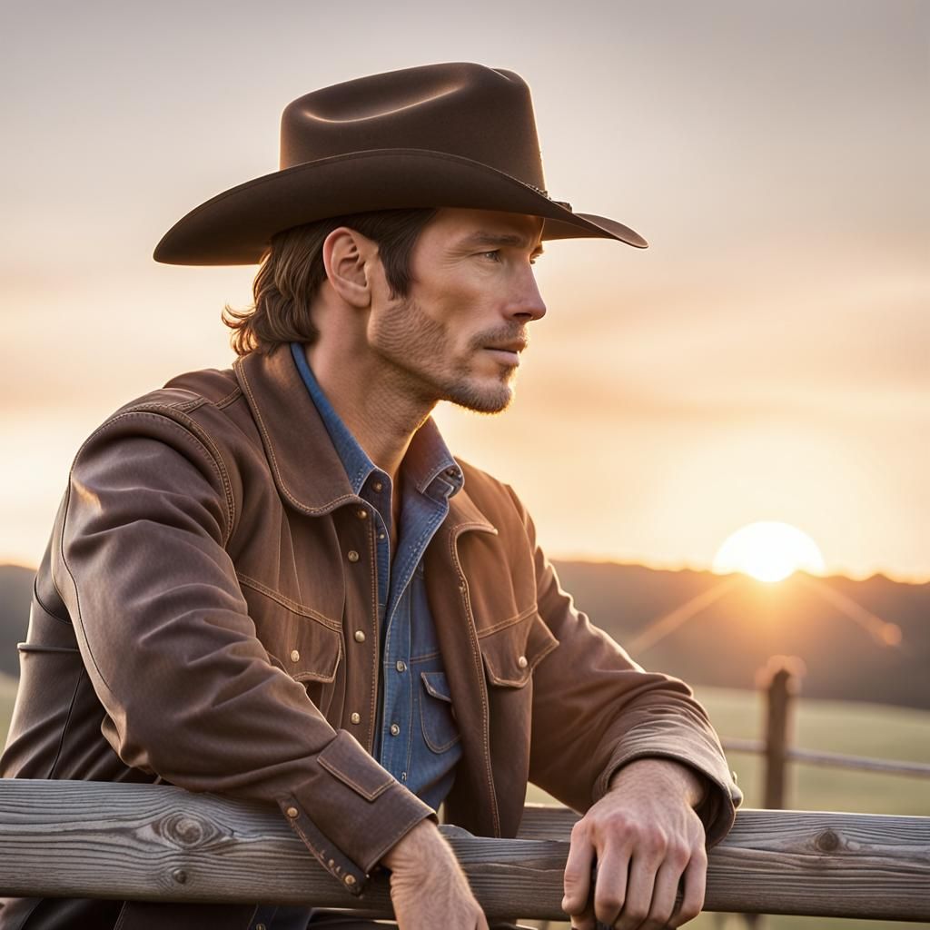 Cowboy Watching the Sunset from Wooden Fence