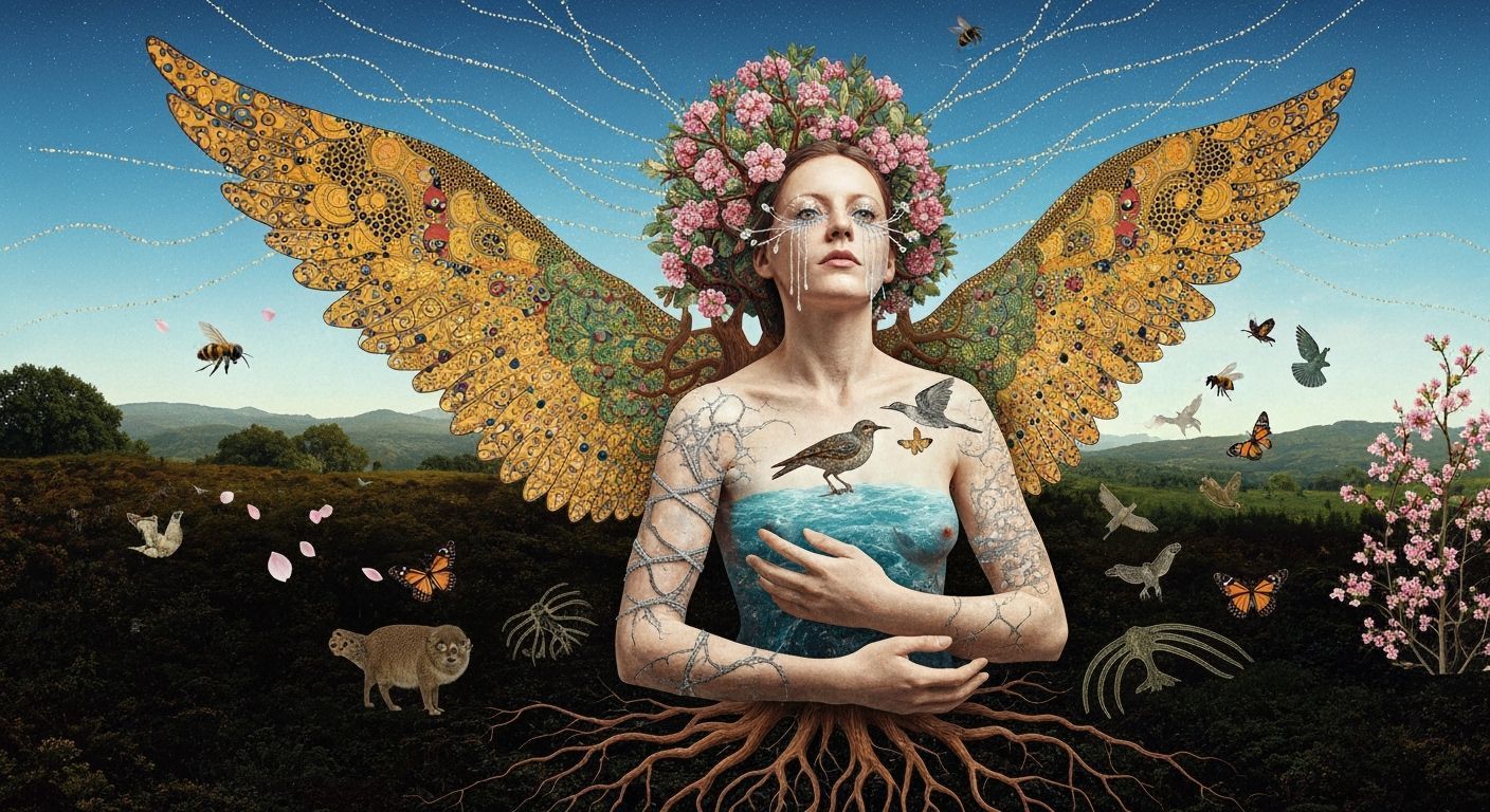 Surreal Sculpture of Woman with Iridescent Wings in Forest