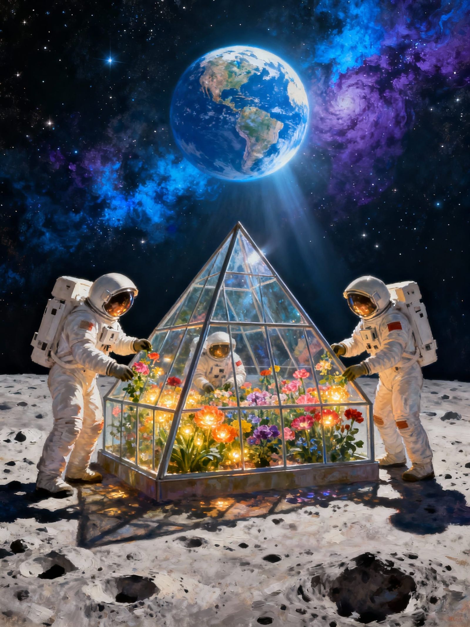 Astronauts Tend Glowing Moon Greenhouse Under Earth
