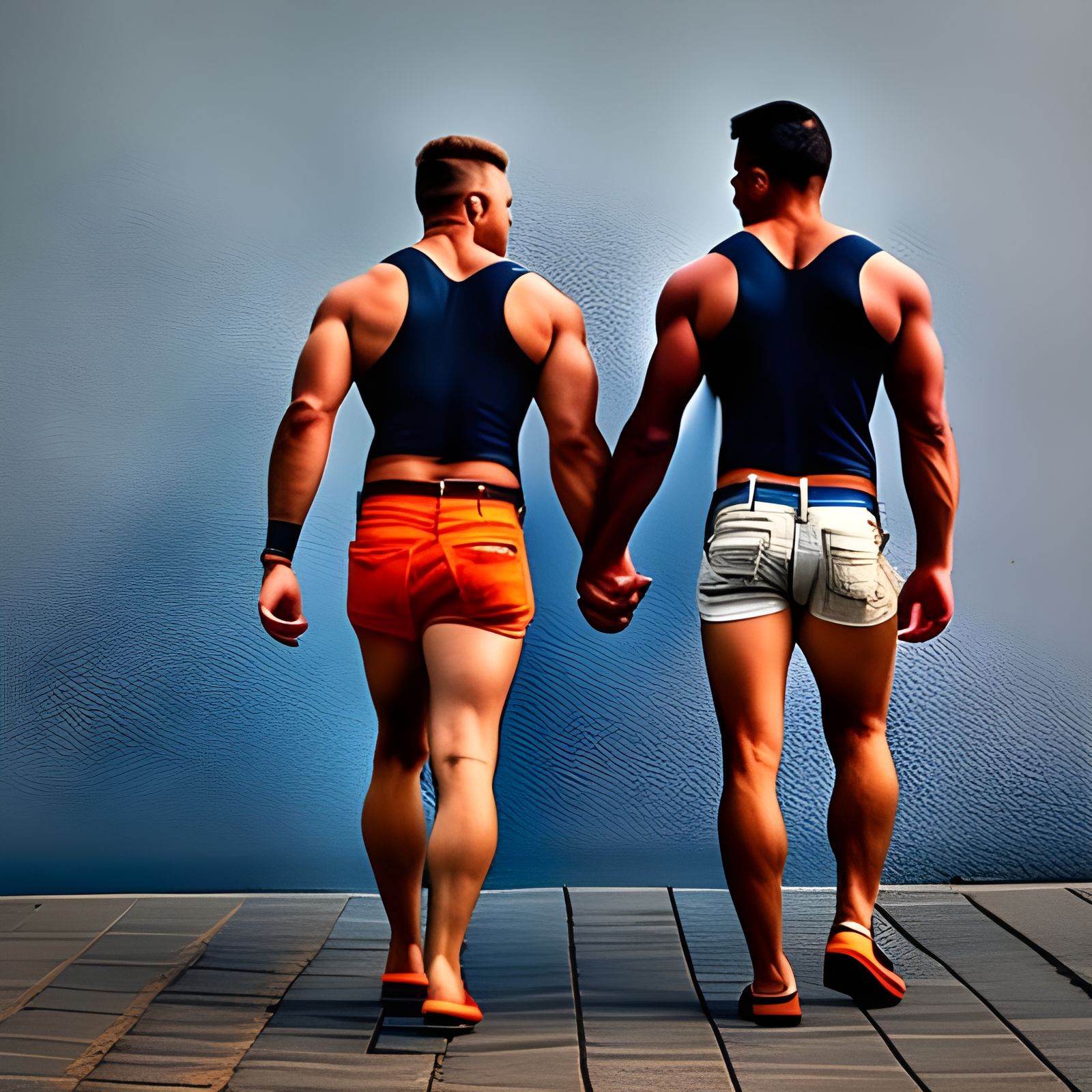 Shirtless Men Walking Away Holding Hands in Watercolor