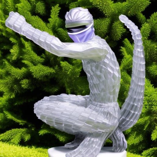 Crystal Ninja Statue in Rose Garden: 4K Detail
