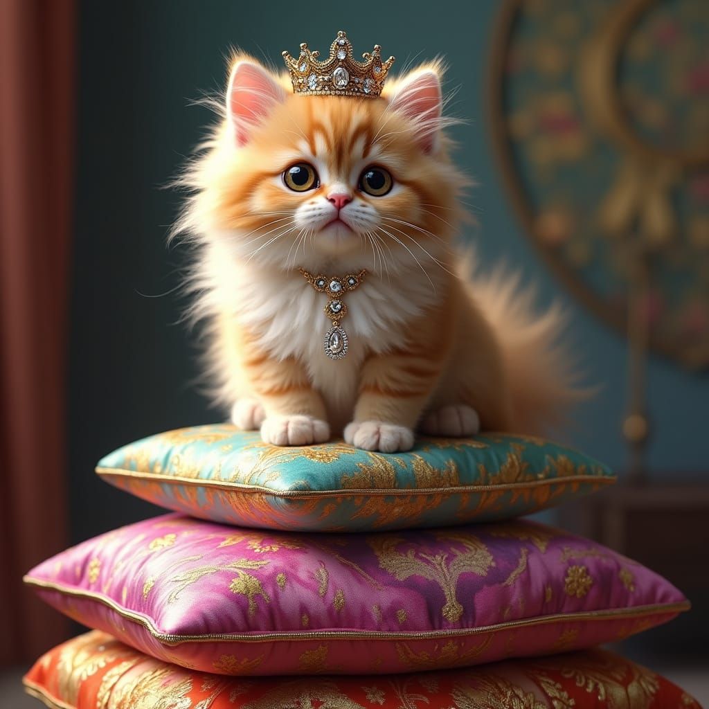 Majestic Fluffy Persian Kitten in Regal Velvet Throne