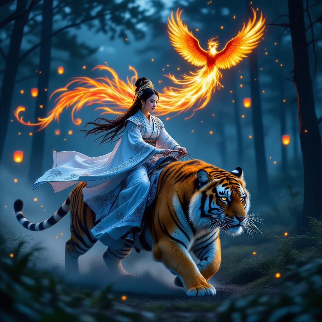Princess Rides Tiger Through Ancient Forest