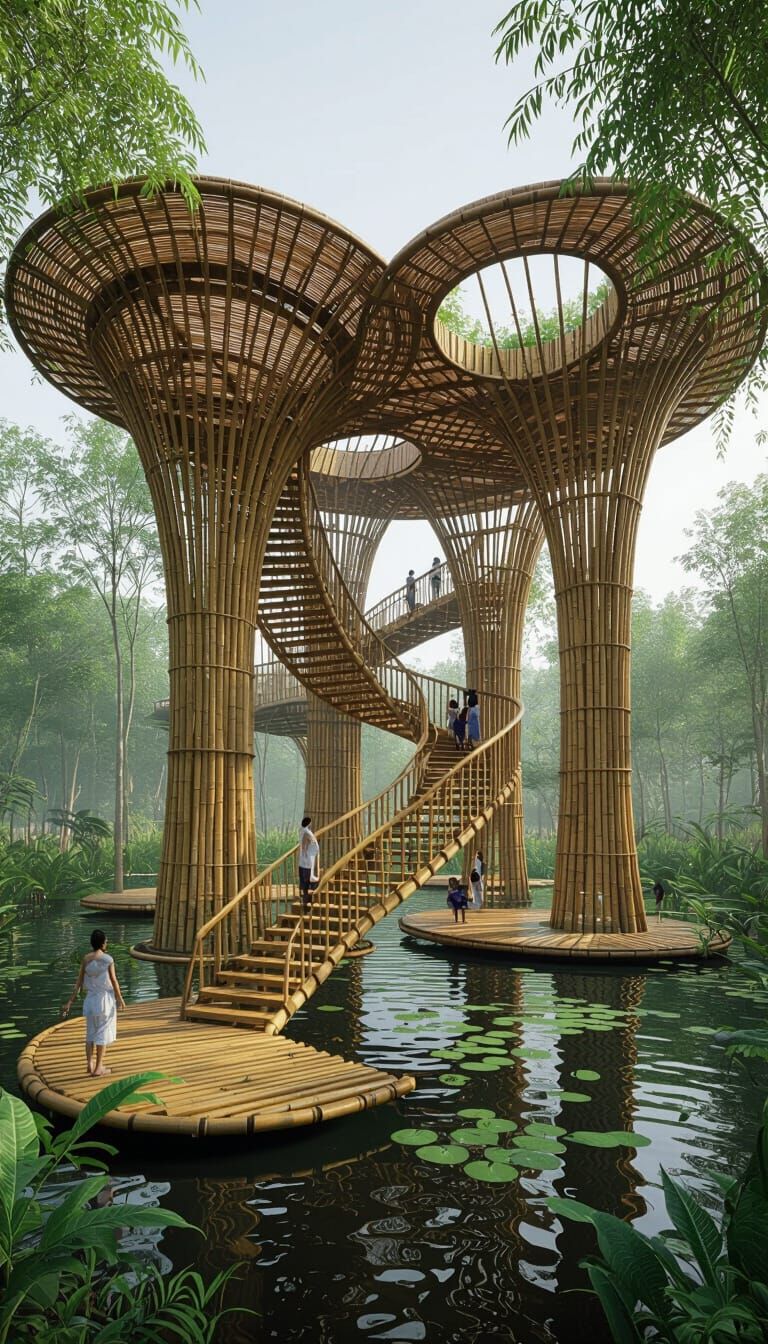 Floating Bamboo Garden Structure in Wetland