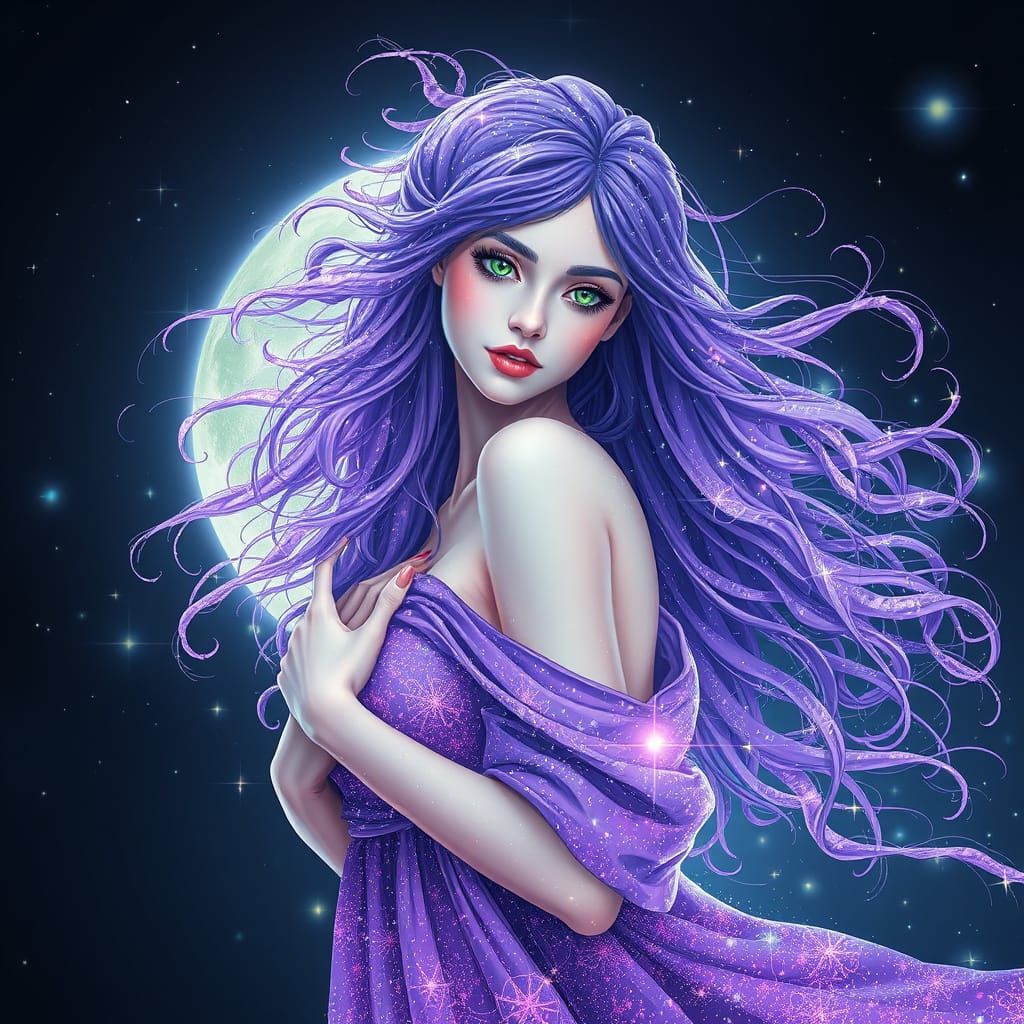 Goddess of Moon in Whimsical Glitch Art Style