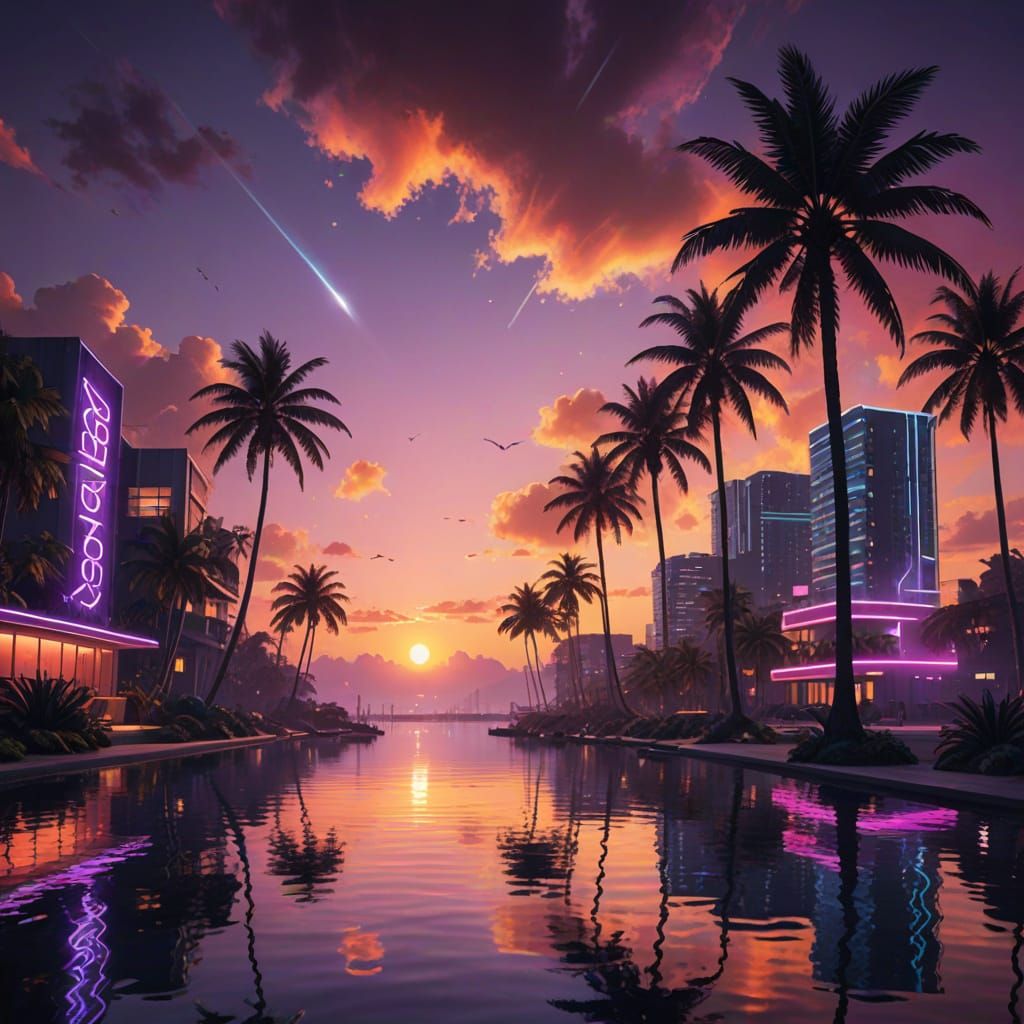 Futuristic Tropical Sunset with Neon Glow