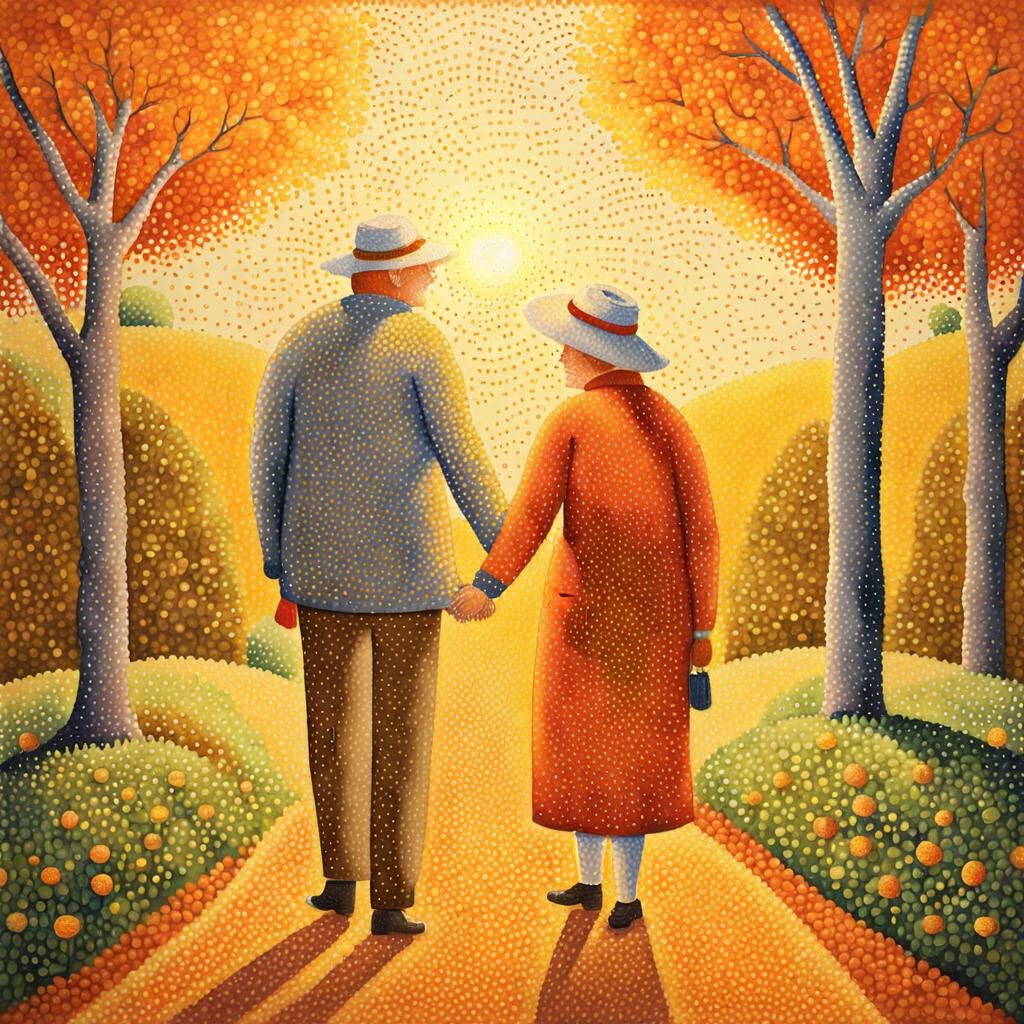 Pointillist Portrait of Joyful Couple in Garden