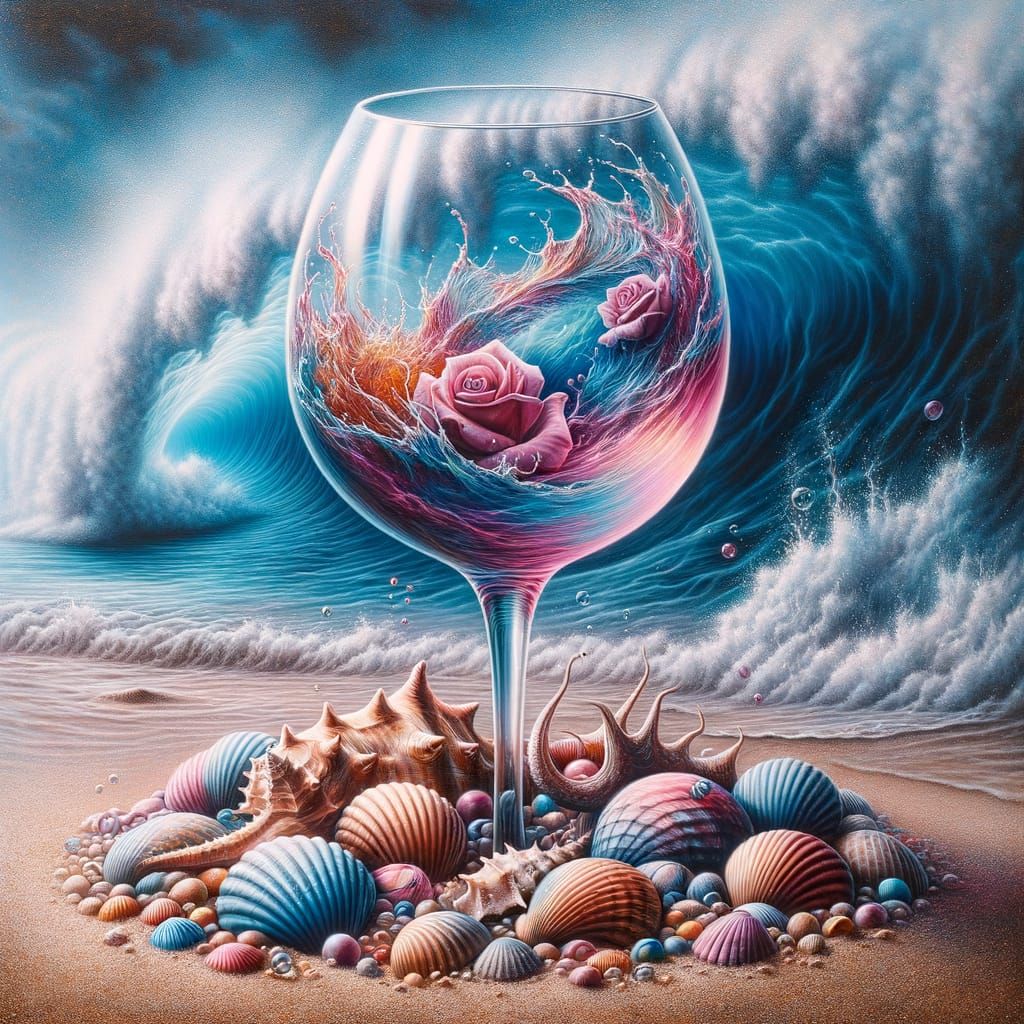 Dreamlike Beach Scene with Wine Glass and Underwater World i...