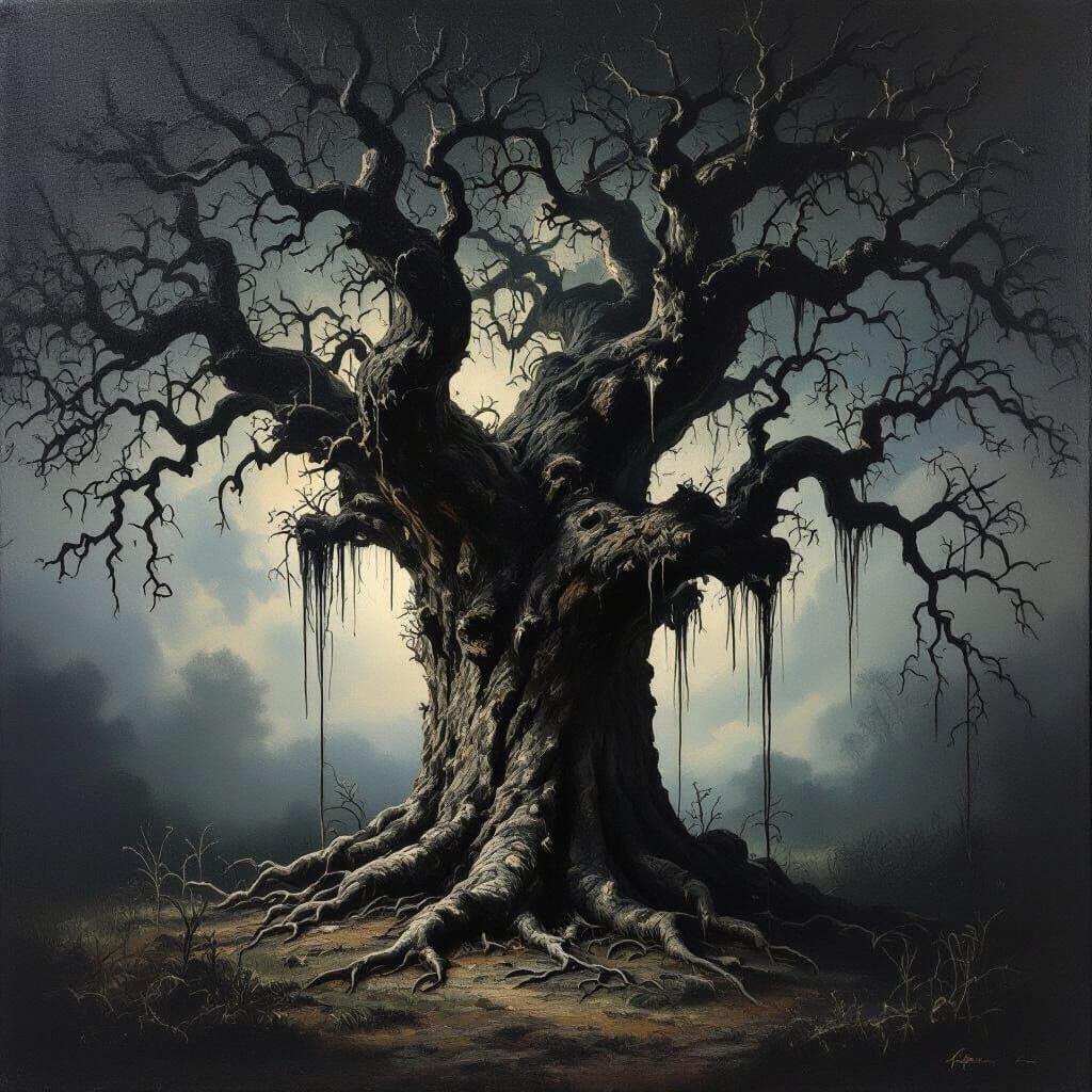 Gothic Oak Tree Weeping Sap in Dramatic Chiaroscuro