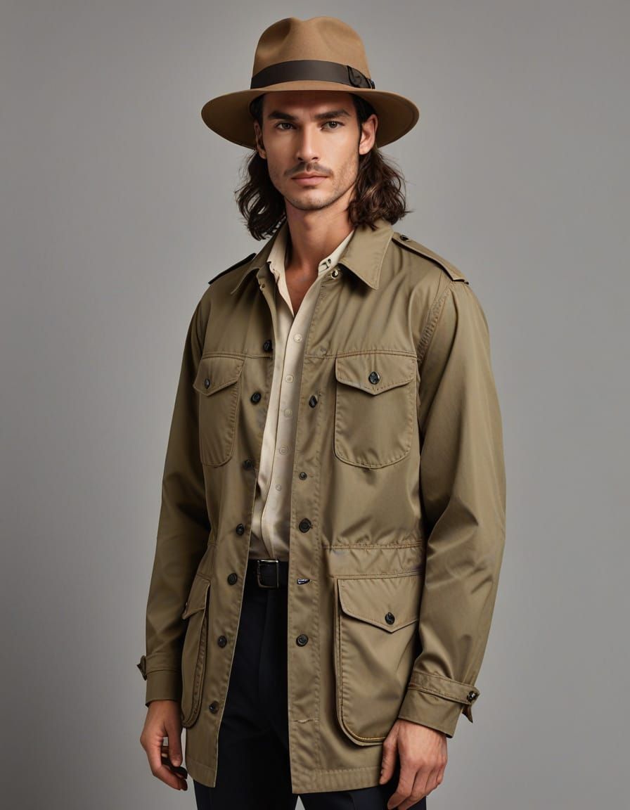 Safari Man Portrait in Khaki Shacket and Borsalino Hat