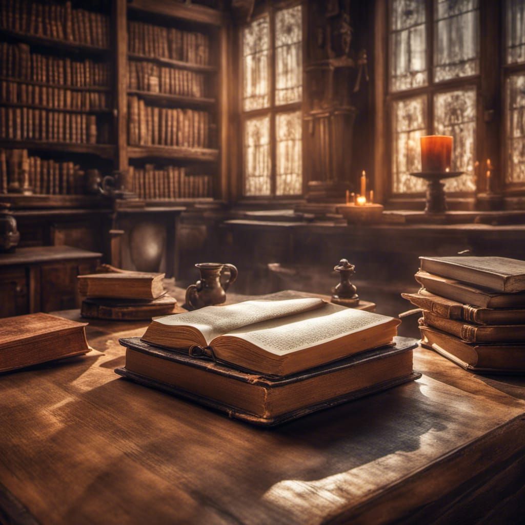 Books on Wooden Table, Hyperrealistic Photo