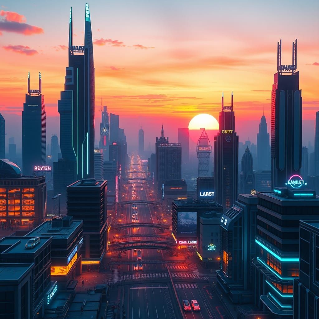 Electric Hue: Futuristic Cityscape at Dusk