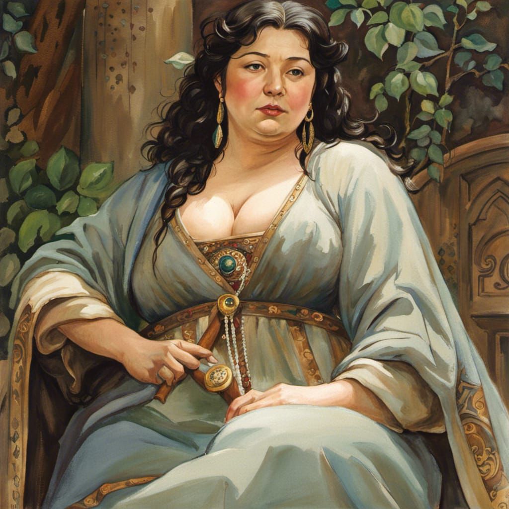 Curvy Queen in Silk, Ghibli-Style Watercolor Portrait