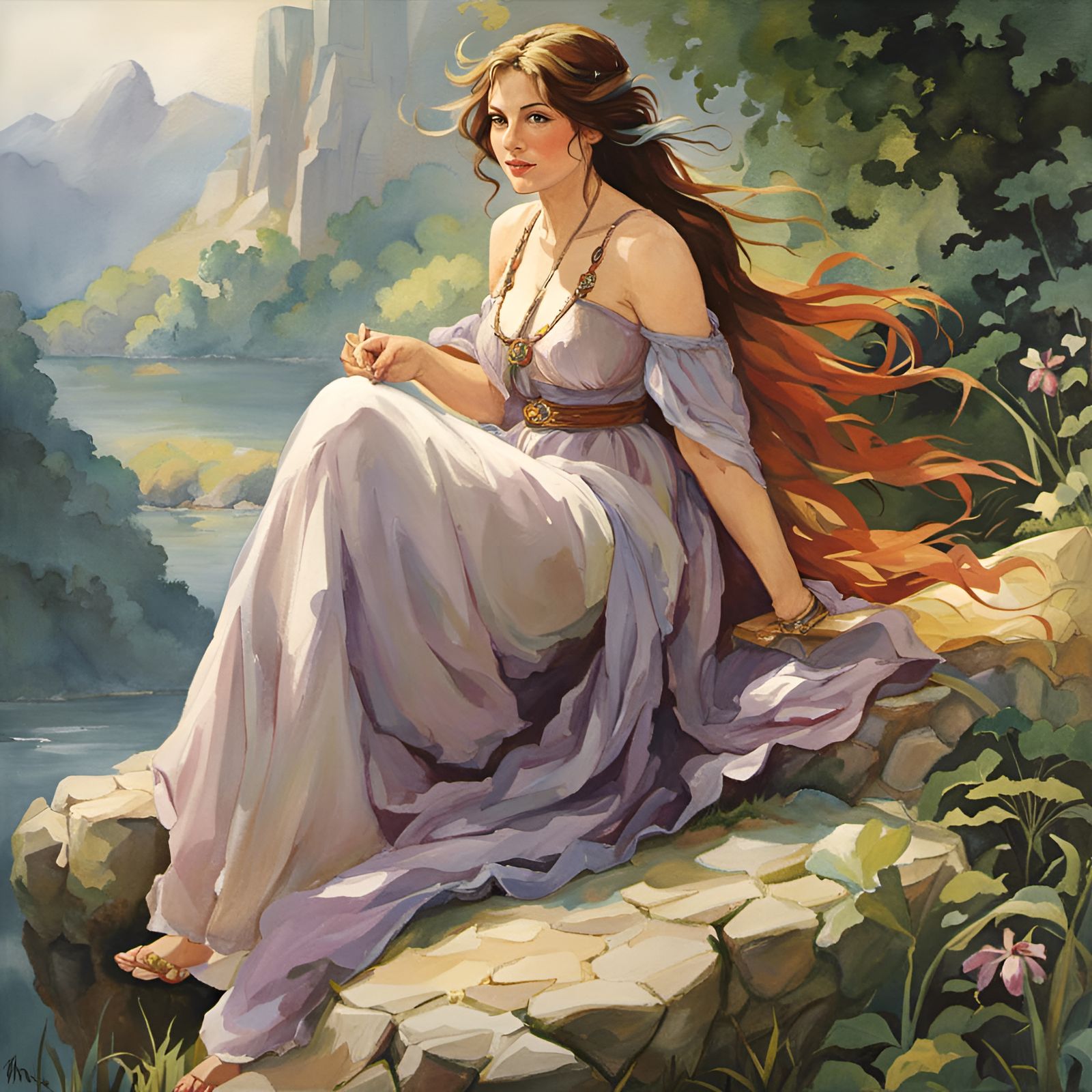 Curvy Woman in Medieval Setting: Ghibli Watercolor