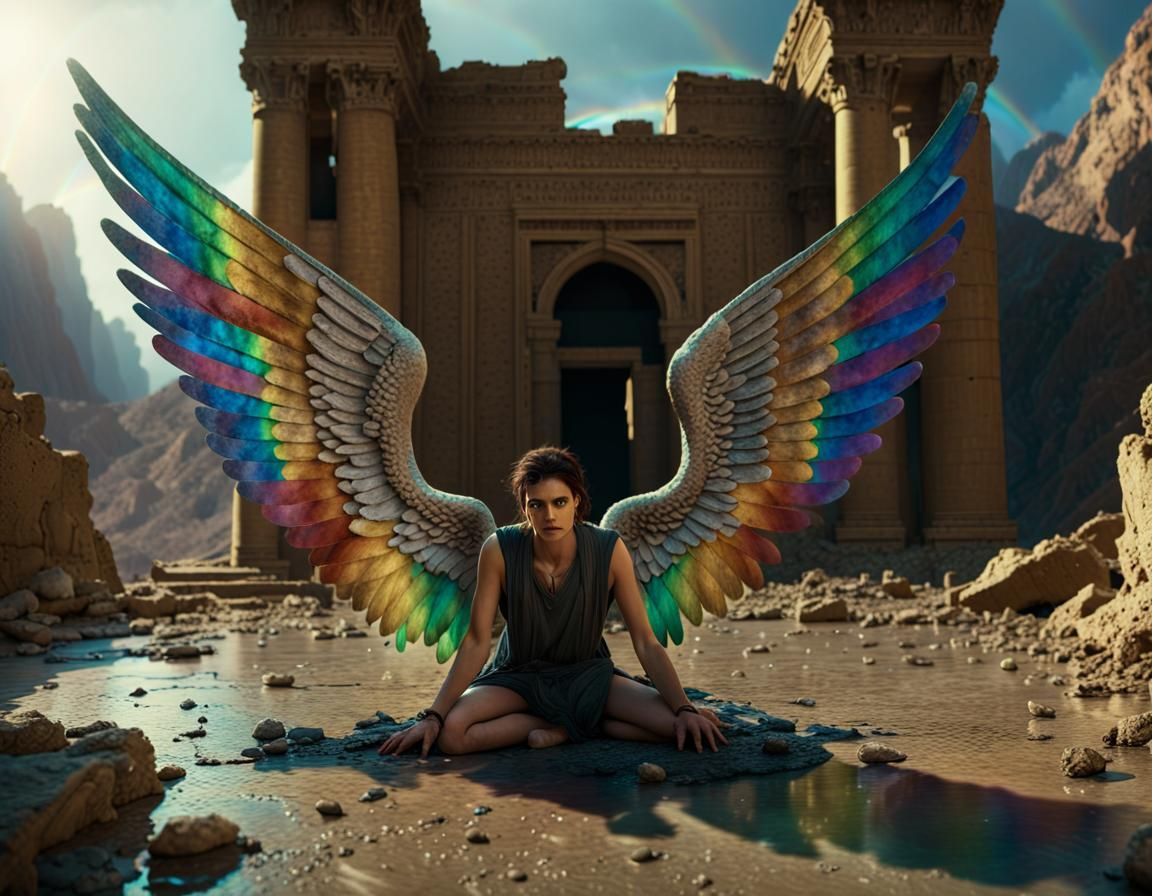 Fallen Angel with Rainbow Wings in Persian Ruins