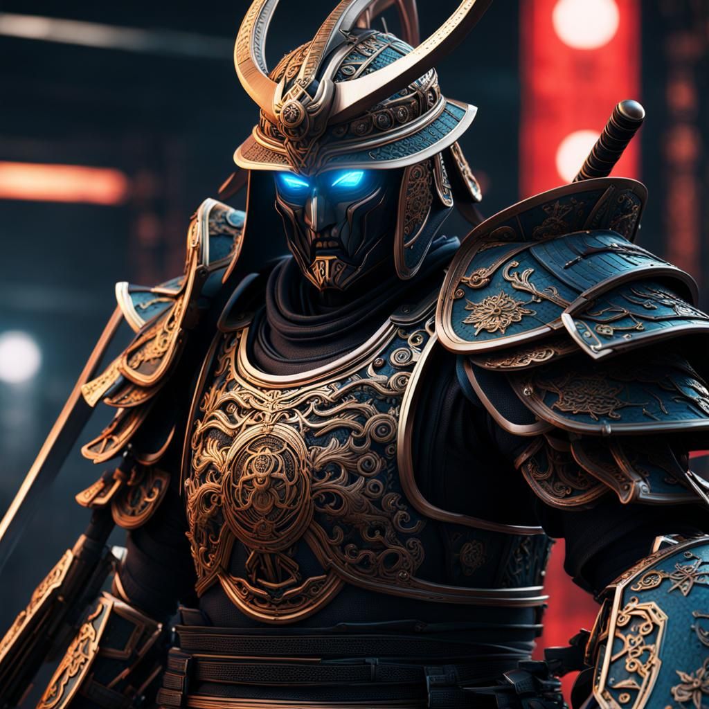 Cybernetic Samurai with Katanas: Detailed Digital Art