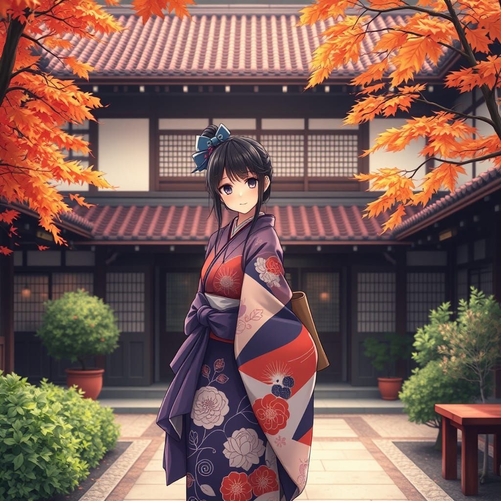 Traditional Japanese Girl Stands in Autumn Courtyard