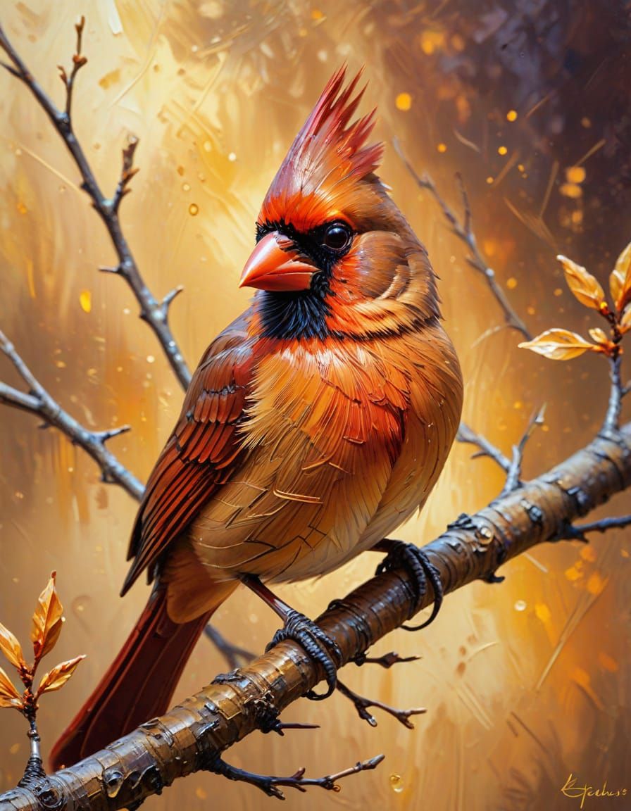 Cardinal Bird on Branch as Impasto Oil Painting