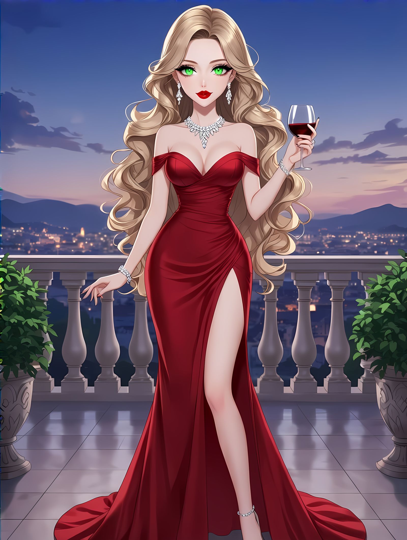 Glamorous Red Gown Beauty on Elegant Terrace