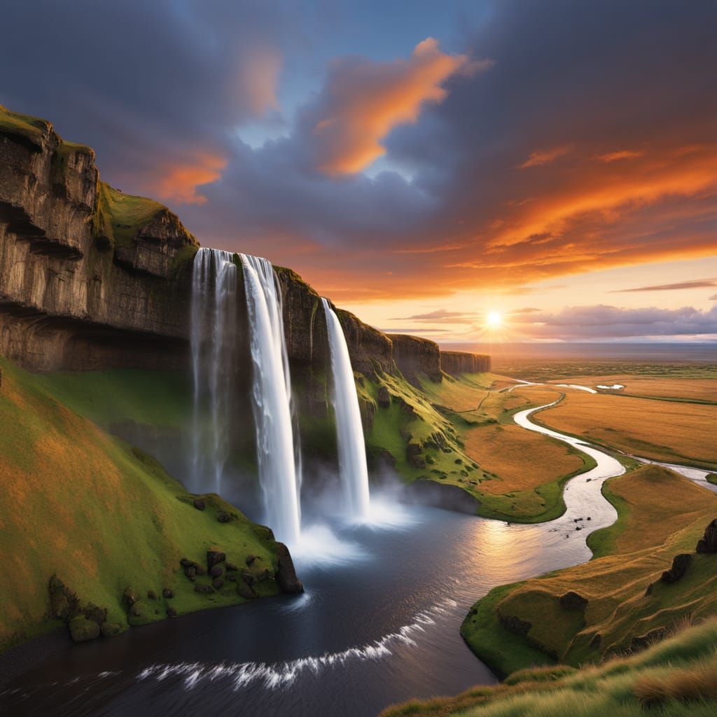 Majestic Sunset Landscape at Seljalandsfoss Waterfalls