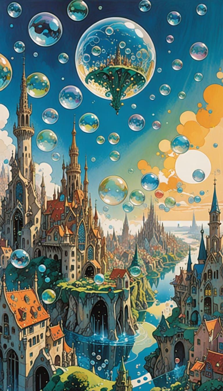 Dreamscape City with Floating Bubbles in Art Nouveau Style